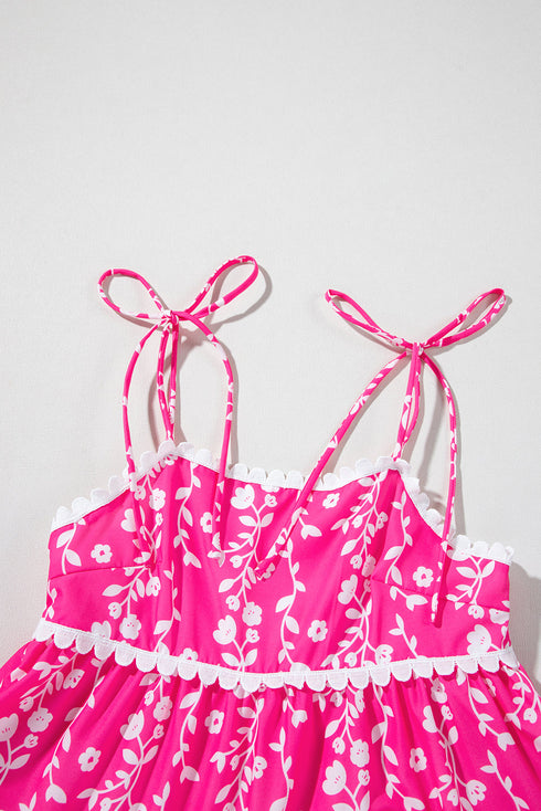 Pink Floral Print Ric Rac Patched Sleeveless Mini Dress